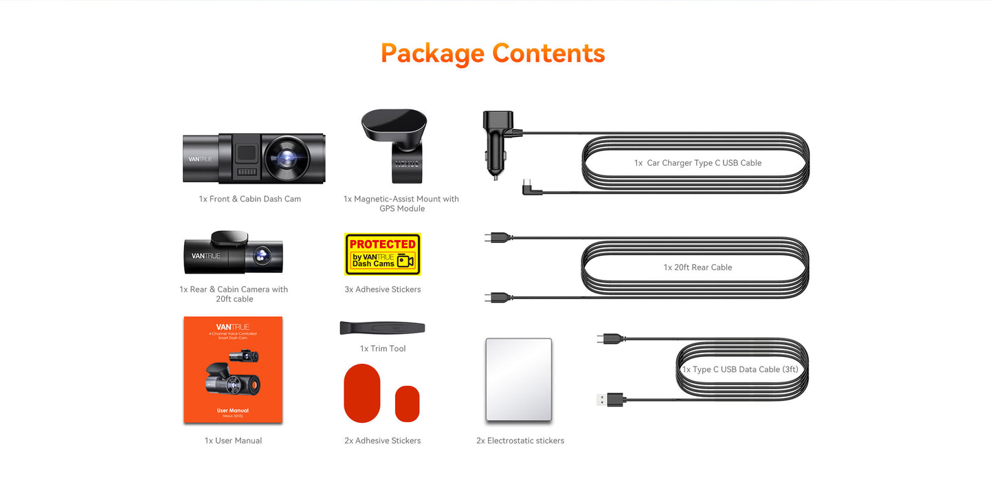 VANTRUE Nexus N5 4-Canaux Dashcam 2.7K+3x1080P HDR, 360 degrés STARVIS 2 Cameras Voiture (1 Avant/interieur et 1 Arriere/intérieur), 5GHz WiFi GPS Caméra Embarquée Infrarouge, Contrôle Vocale Français, 24h/7j Mode Parking, Max 512G