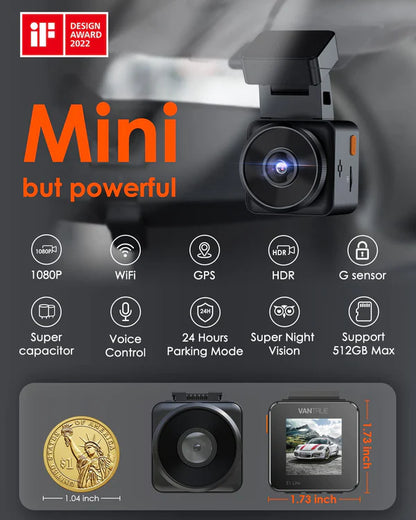 VANTRUE E1 Lite 1080P Mini WiFi GPS Dashcam Avant Voiture avec HDR