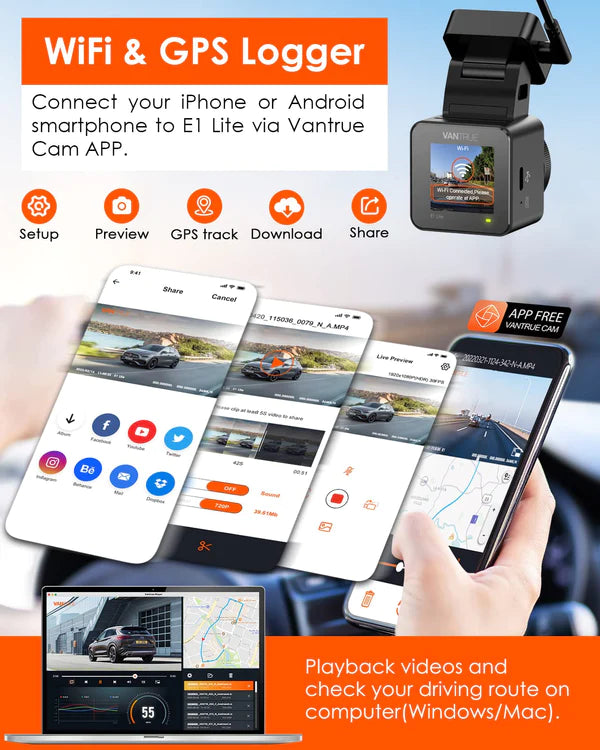 VANTRUE E1 Lite 1080P Mini WiFi GPS Dashcam Avant Voiture avec HDR