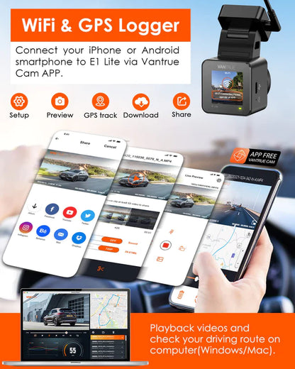 VANTRUE E1 Lite 1080P Mini WiFi GPS Dashcam Avant Voiture avec HDR