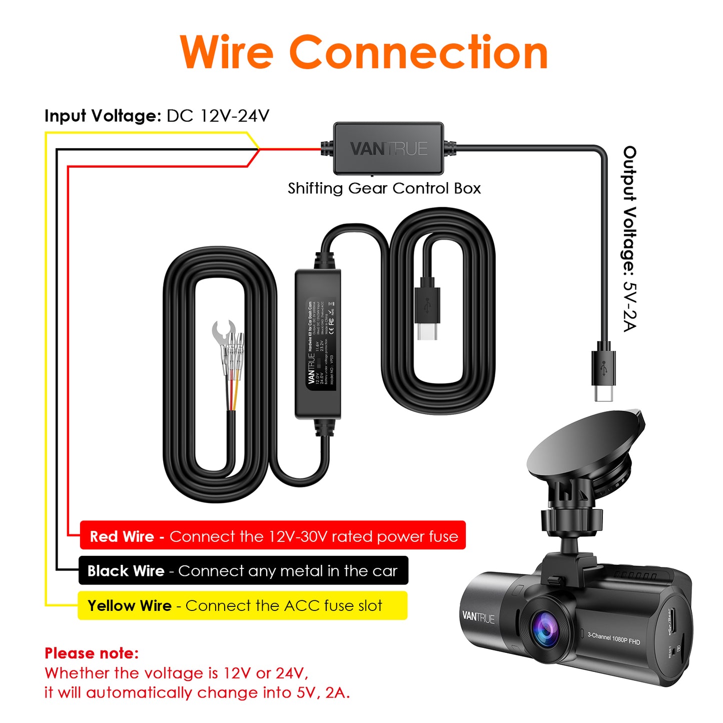 Kit de Câblage ACC Vantrue de 3,5 mètres pour Dashcam N5 / N4 / E3/E2/E1 / N2S / N2 Pro /X4S