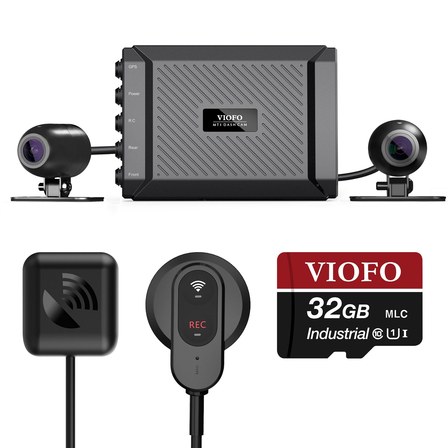 VIOFO MT1 Caméra de tableau de bord avant et arrière 1080p double canal étanche Angle de 170 degrés WiFi intégré GPS G-Sensor étanche Marche/arrêt automatique Carte SD 32 Go incluse